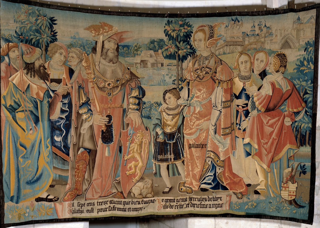 Herkules von Libyen mit seiner Frau Galathee und seinem Sohn Galathes umgeben von ihren Höflingen vor der Stadt Alexia im Jahr 1713 v. Chr. von French School