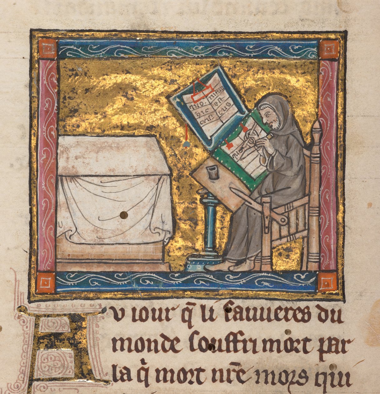Einsiedler schreibt an einem Schreibtisch, Miniatur aus "Estoire del Saint Graal, La Queste del Saint Graal, Morte Artu", ca. 1315-25 von French School