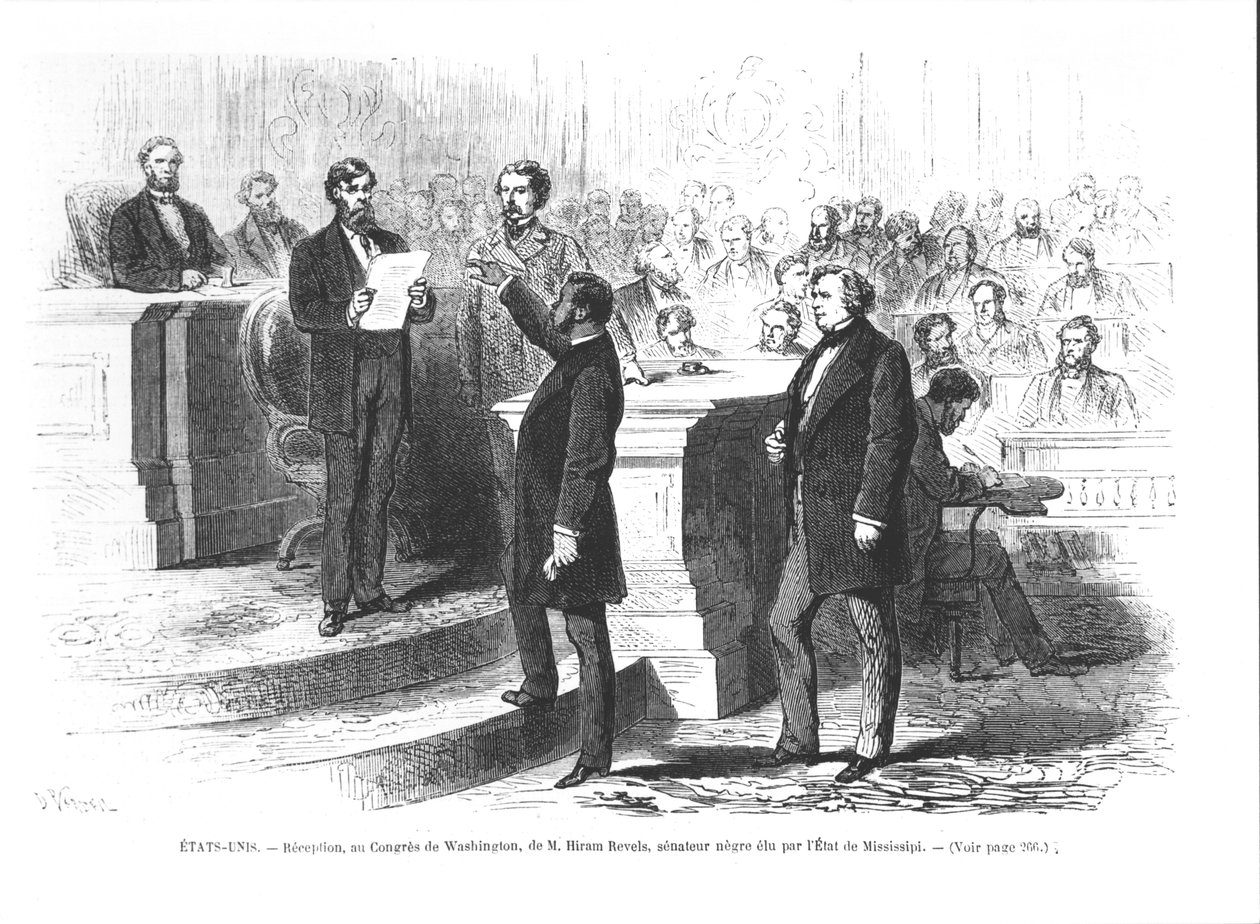 Hiram Revels, der erste schwarze Senator des Staates Mississippi, wird in den Washingtoner Kongress eingeschworen von French School