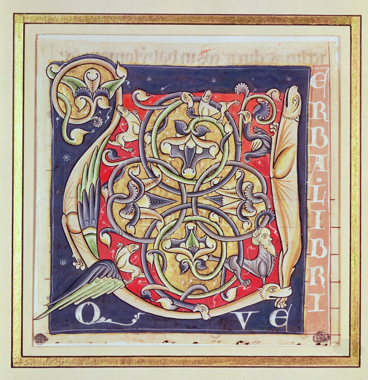 Historisierte Initiale U mit einem verschlungenen Muster und fantastischen Tieren, aus der Bibel von Saint-Andre aux-Bois von French School