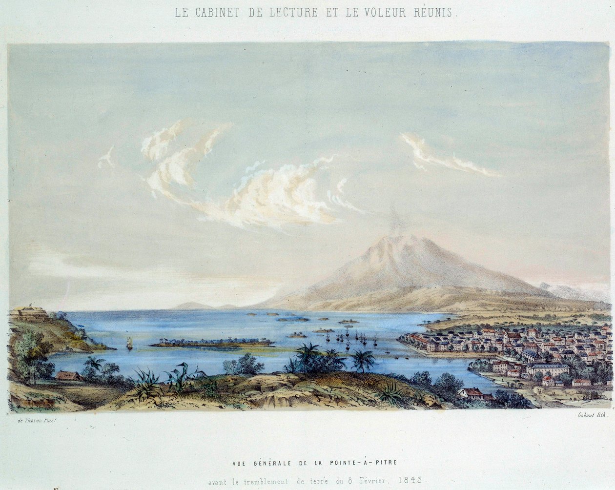 Geschichte der französischen Kolonien: Gesamtansicht von Pointe-à-Pitre in Guadeloupe (Antillen) vor dem Erdbeben vom 8. Februar 1843 von French School