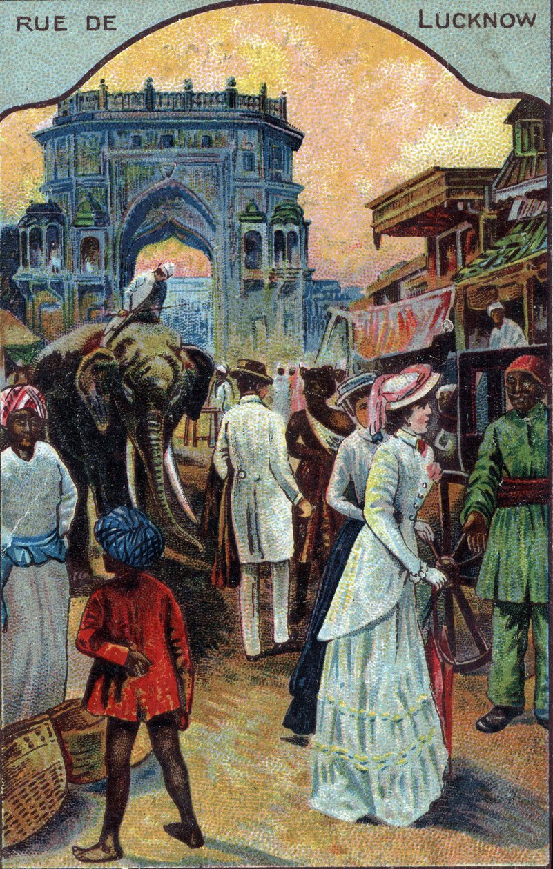 Geschichte des Tourismus: Westliche Touristen in einer Straße von Lucknow, Indien (Chromolithographie des 19. Jahrhunderts) von French School