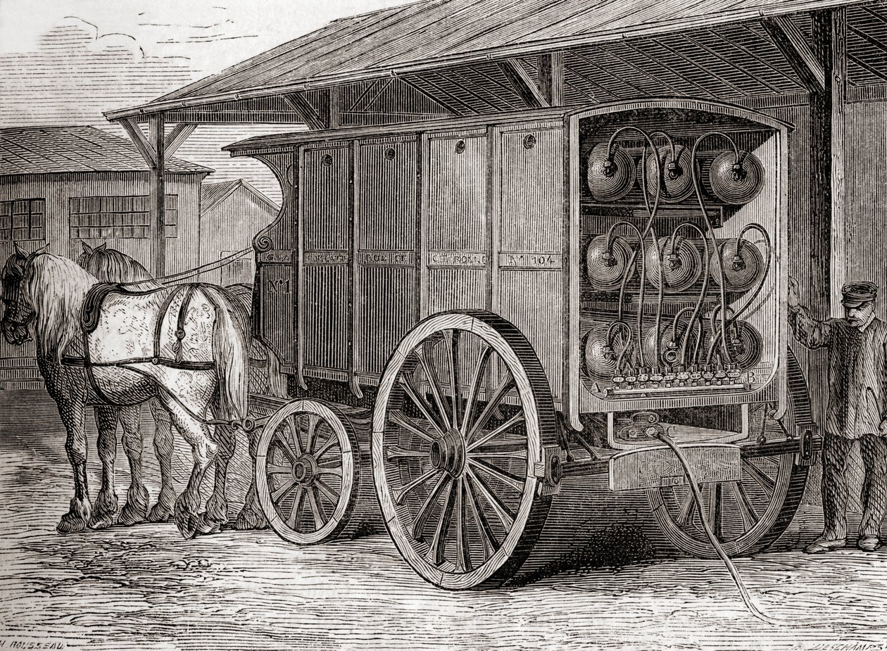 Pferdewagen zum Transport von komprimiertem Gas in tragbaren Behältern im 19. Jahrhundert, aus Les Merveilles de la Science, veröffentlicht ca. 1870 von French School
