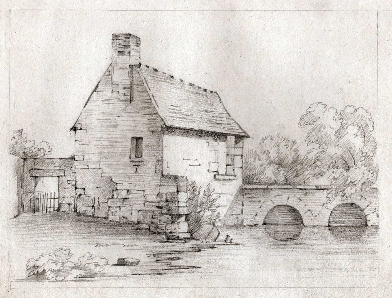 Haus am Fluss (Zeichnung, ca. 1830) von French School