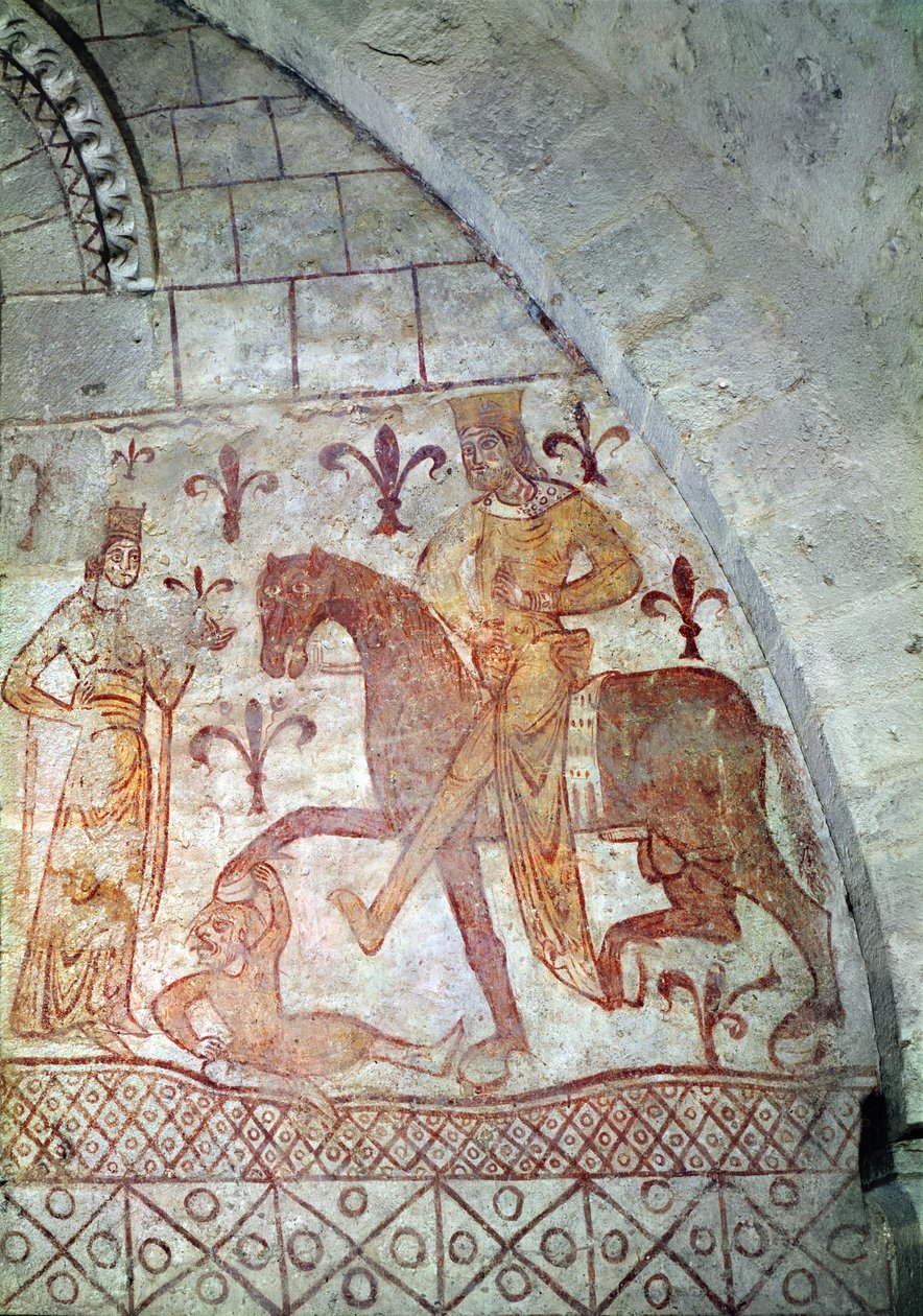 Hugues IX (ca. 1163-1219) Lusignan besiegt Nur al-Din (1116-74) in Syrien (Wandmalerei) von French School