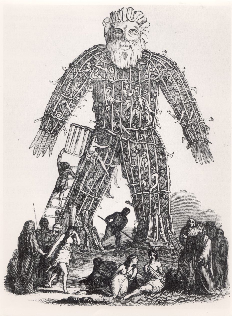 Menschenopfer durch gallische Druiden in einem Weidenmann, aus Magasin Pittoresque, 1833 von French School