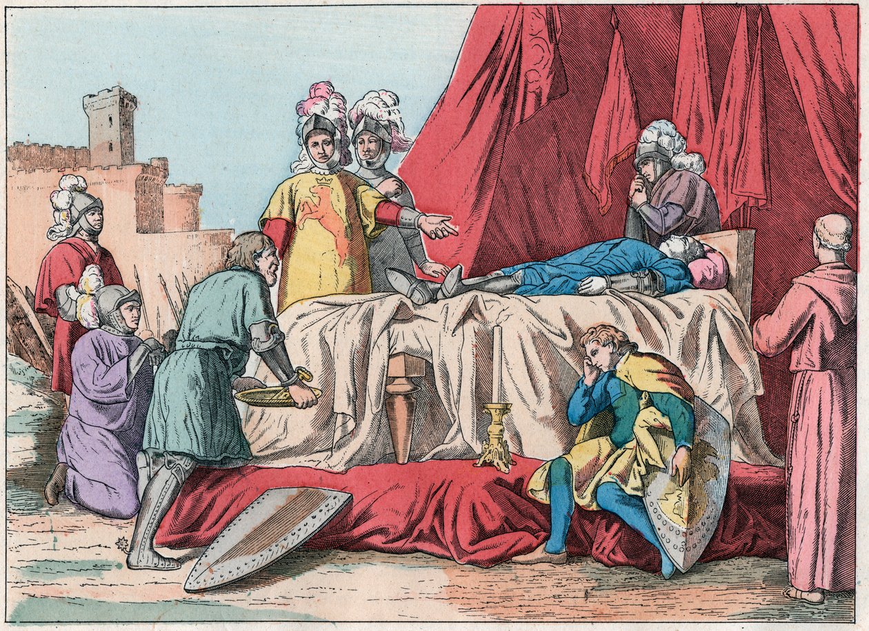 Hundertjähriger Krieg: „Der Tod von Bernard du Guesclin (1320-1380) vor Chateauneuf de Randon am 13.07.1380“ - Tod von Duguesclin (während der Belagerung von Chateauneuf-de-Randon am 13. Juli 1380) - Gravur aus dem Ende des 19. Jahrhunderts in „Nos Gires N von French School