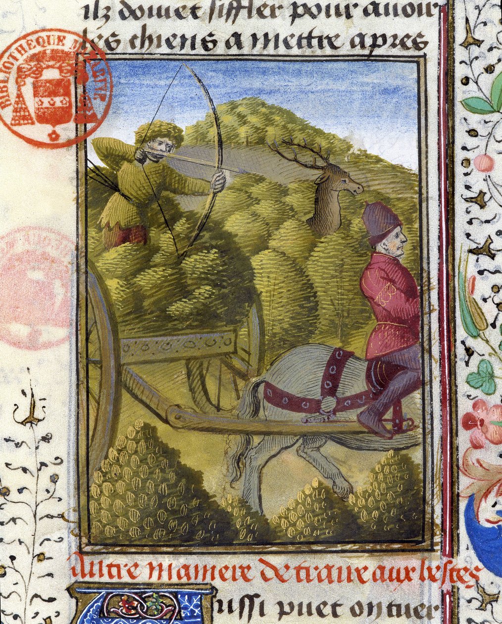 Hirschjagd mit Bogen und Haken - im „Jagd-Buch von Gaston Phoebus, Graf von Foix, Herr von Béarn“ von French School