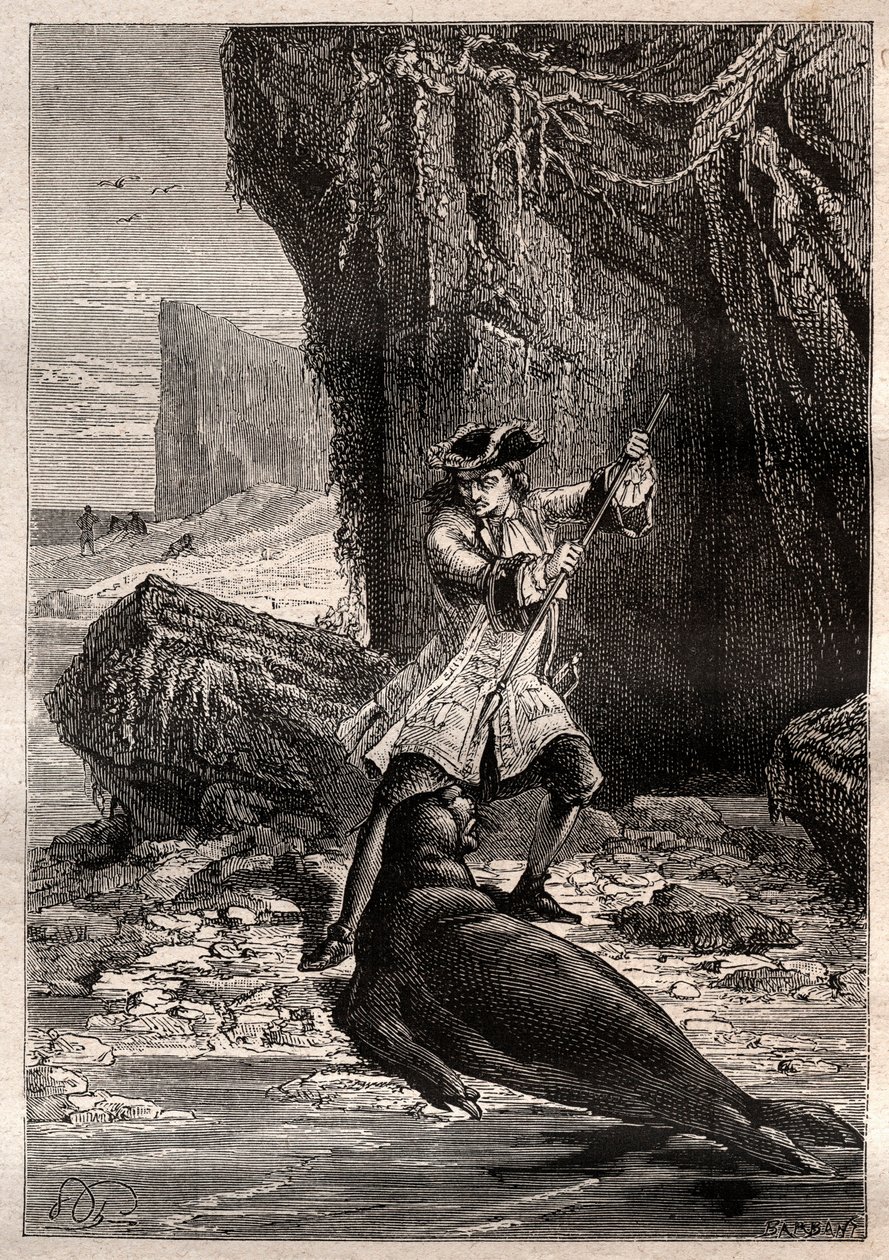 Ich stieß meine Schaufel in seine Brust: Woodes Rogers (1679-1732) wird 1709 auf einer der Galapagos-Inseln im Pazifischen Ozean von einem Seelöwen (Robbe) angegriffen - Illustration aus „Die großen Seefahrer des 18. Jahrhunderts“ von French School