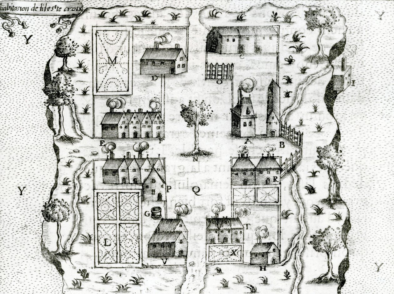 Île Ste. Croix, die früheste französische Siedlung in Akadien, 1604, aus den Reisen von Samuel de Champlain, 1613 von French School