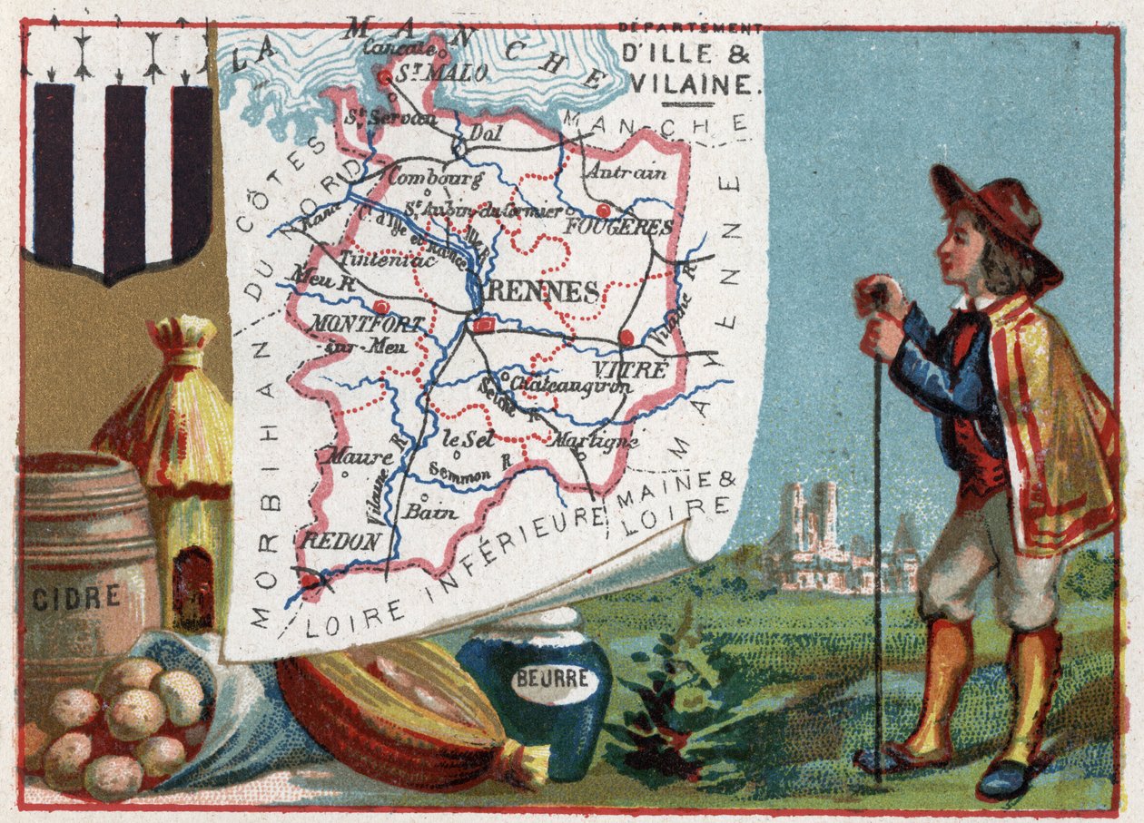 Ille-et-Vilaine (35), Bretagne, Frankreich. Cidre und Butter. Serie über die französischen Departements. Chromolithographie "Der geografische Faden", ca. 1920. Private Sammlung von French School