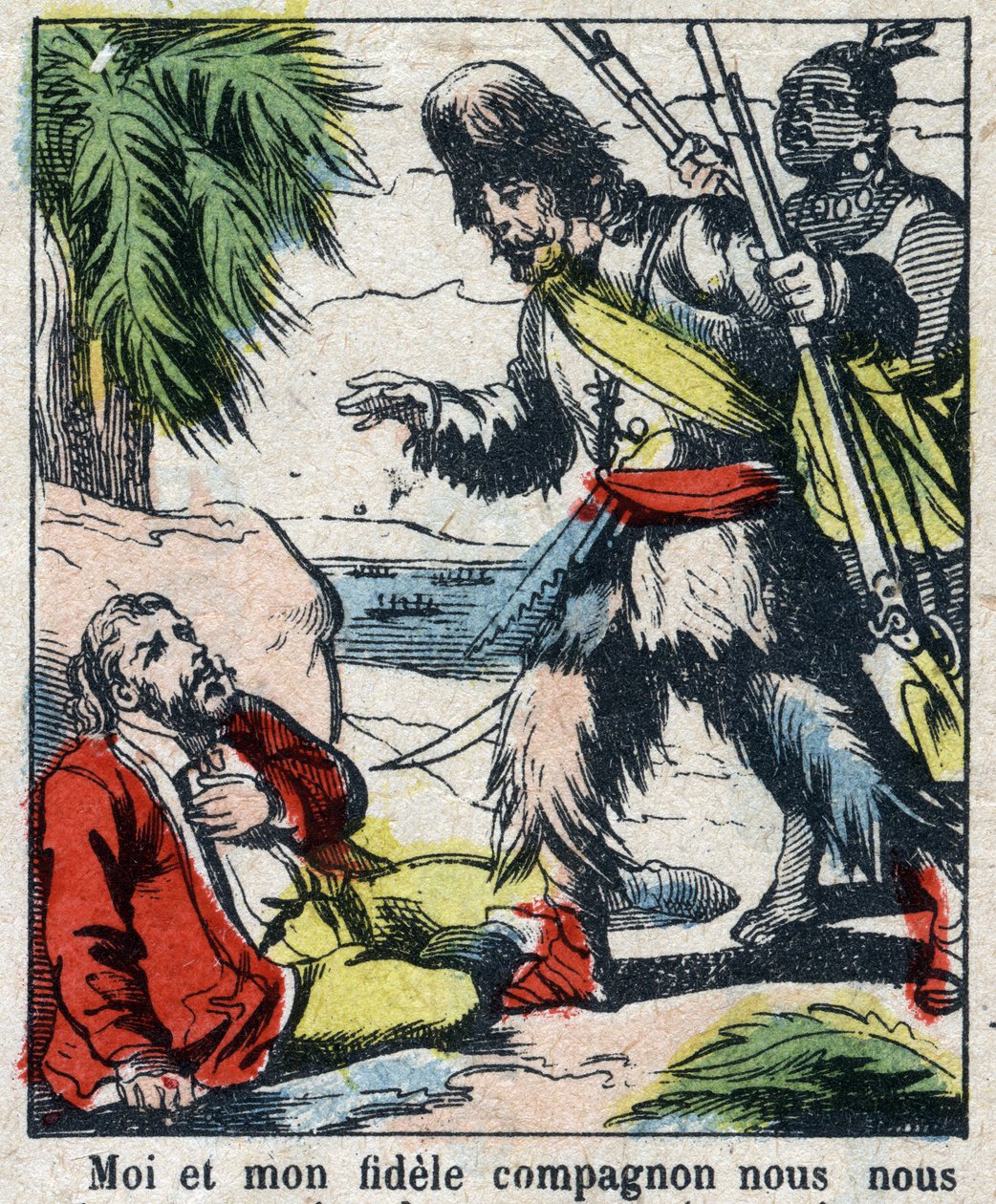 Illustration für das Buch von Daniel Defoe „Robinson Crusoe“. Epinal Imaging aus dem späten 19. Jahrhundert. von French School