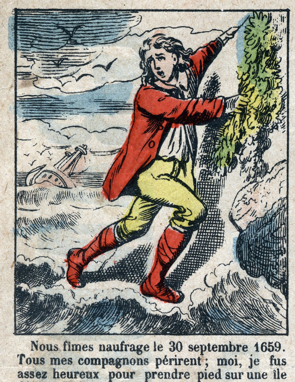 Illustration für das Buch von Daniel Defoe "Robinson Crusoe". Epinal-Bildgebung Ende des 19. Jahrhunderts. von French School