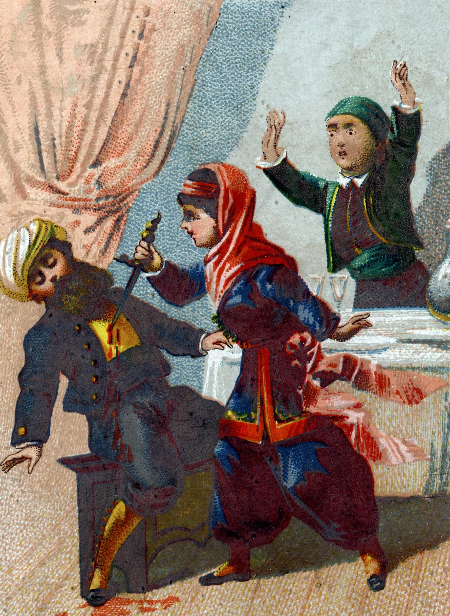 Illustration zu den Geschichten aus Tausendundeiner Nacht. Der Hauptmann verkleidet sich erneut und kehrt zu Ali Baba zurück, aber Morgiane erkennt ihn und ersticht ihn während eines Tanzes von French School