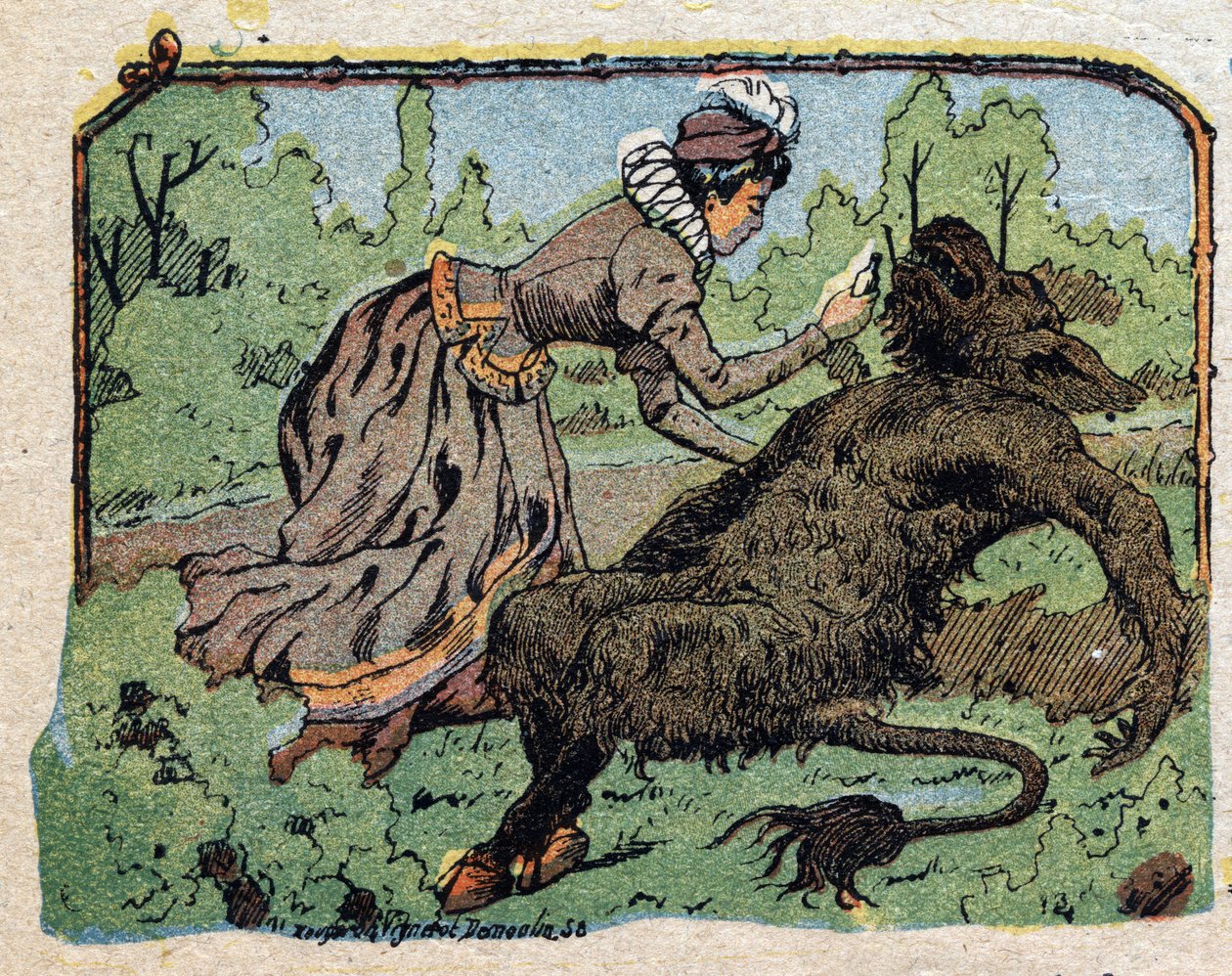 Illustration zum Märchen "Die Schöne und das Biest": die Schöne erweckt das Biest, das vor Schmerz ohnmächtig geworden ist, als sie den Heiratsantrag ablehnte. Gravur von Quinn imagery, ca. 1890 von French School