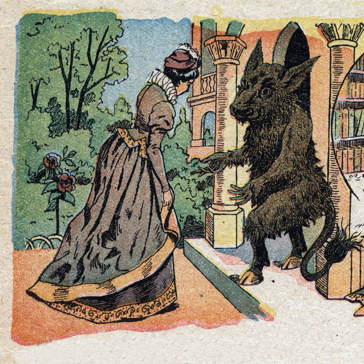 Illustration zum Märchen "Die Schöne und das Biest": Die Schöne kommt am Schloss des Biests an. Gravur von Quinn, um 1890. von French School
