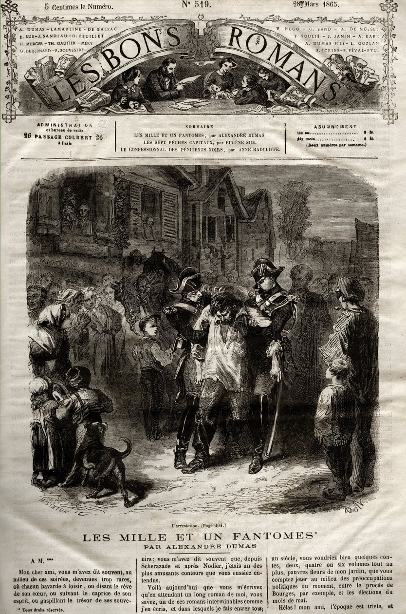 Illustration aus dem Roman „Die Tausend und ein Phantom“ von Alexandre Dumas père, erschienen in „Die guten Romane“ vom 28.03.1865 von French School