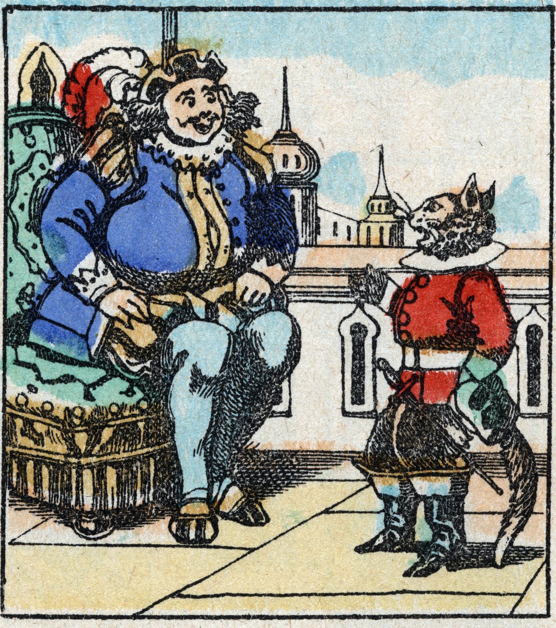 Illustration des Märchens „Der gestiefelte Kater“ von Charles Perrault. Holzstich von Imaging Pellerin - Epinal, Ende des 19. Jahrhunderts von French School