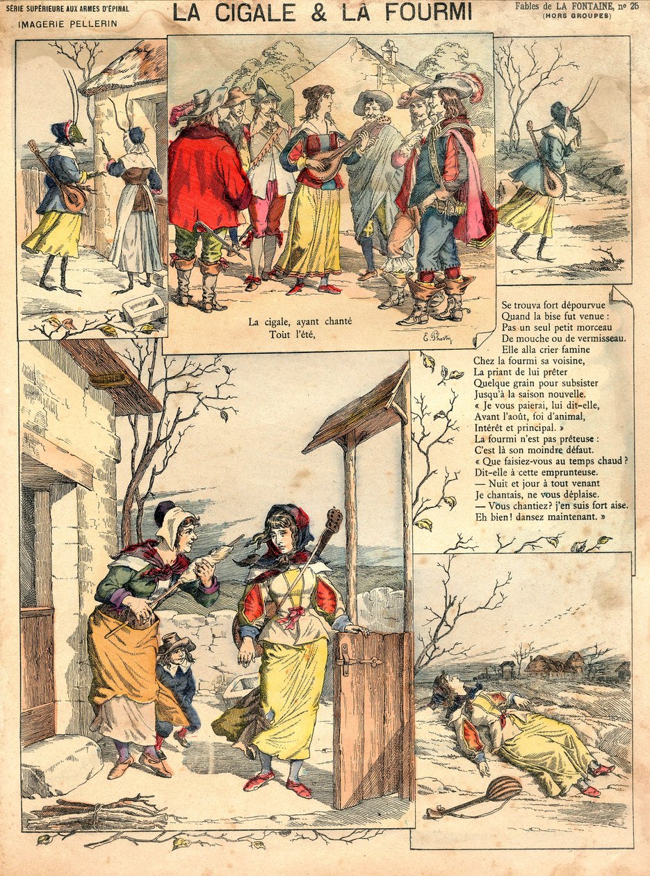 Illustration der Fabeln von La Fontaine: Die Zikade und die Ameise (Gravur, ca. 1890) von French School