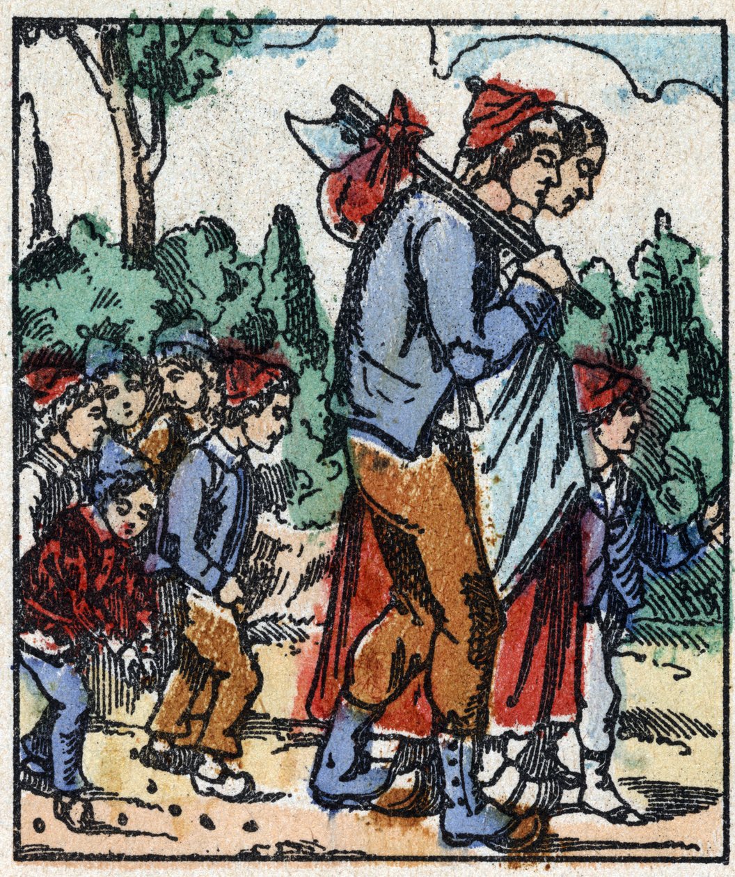 Illustration des Märchens „Der kleine Däumling“ von Charles Perrault. Holzschnitt von Imaging Pellerin - Epinal, sp. Ende des 19. Jahrhunderts (Gravur) von French School
