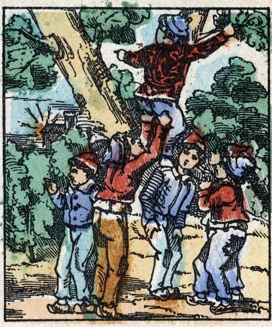 Illustration des Märchens „Der kleine Däumling“ von Charles Perrault. Holzschnitt von Imaging Pellerin - Epinal, sp. Ende des 19. Jahrhunderts. von French School