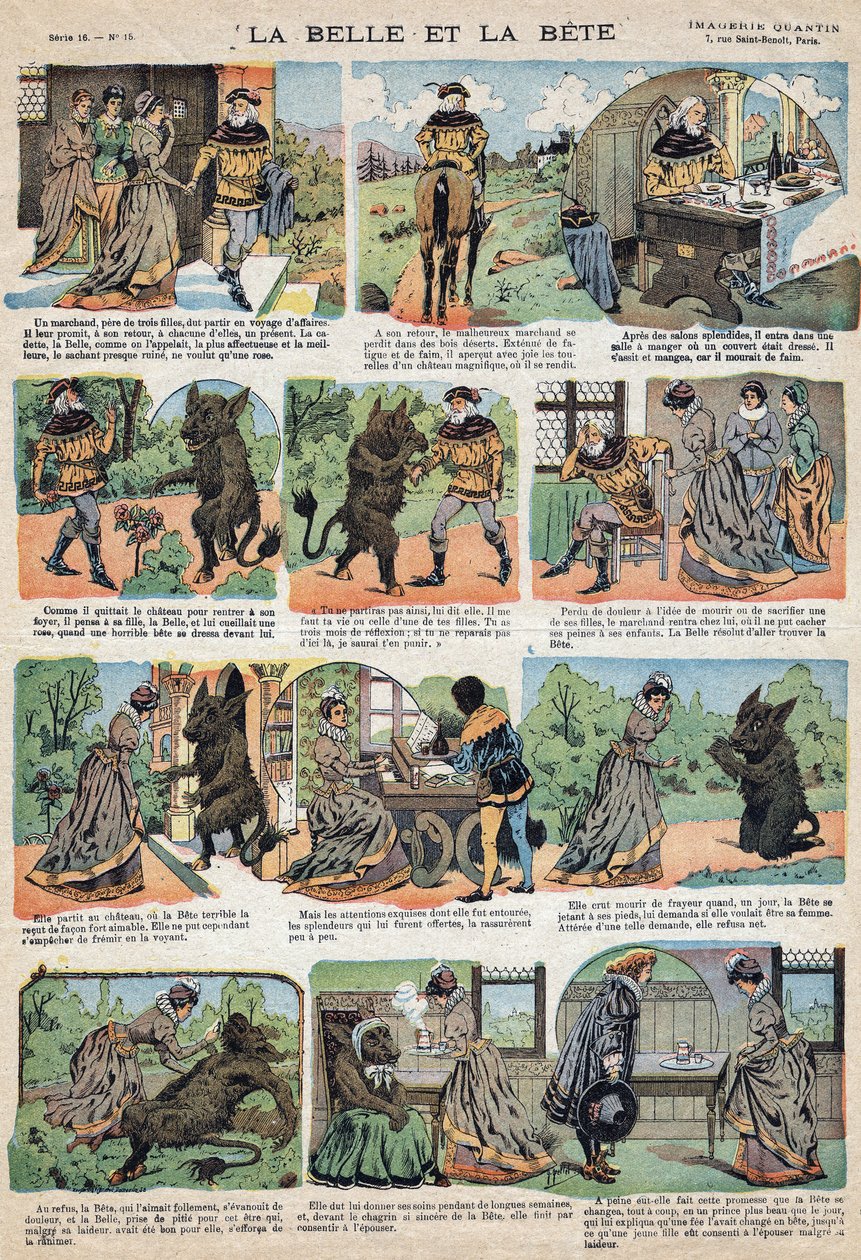 Illustration des Märchens „Die Schöne und das Biest“. Gravur der Quinn-Bilder, um 1890. von French School