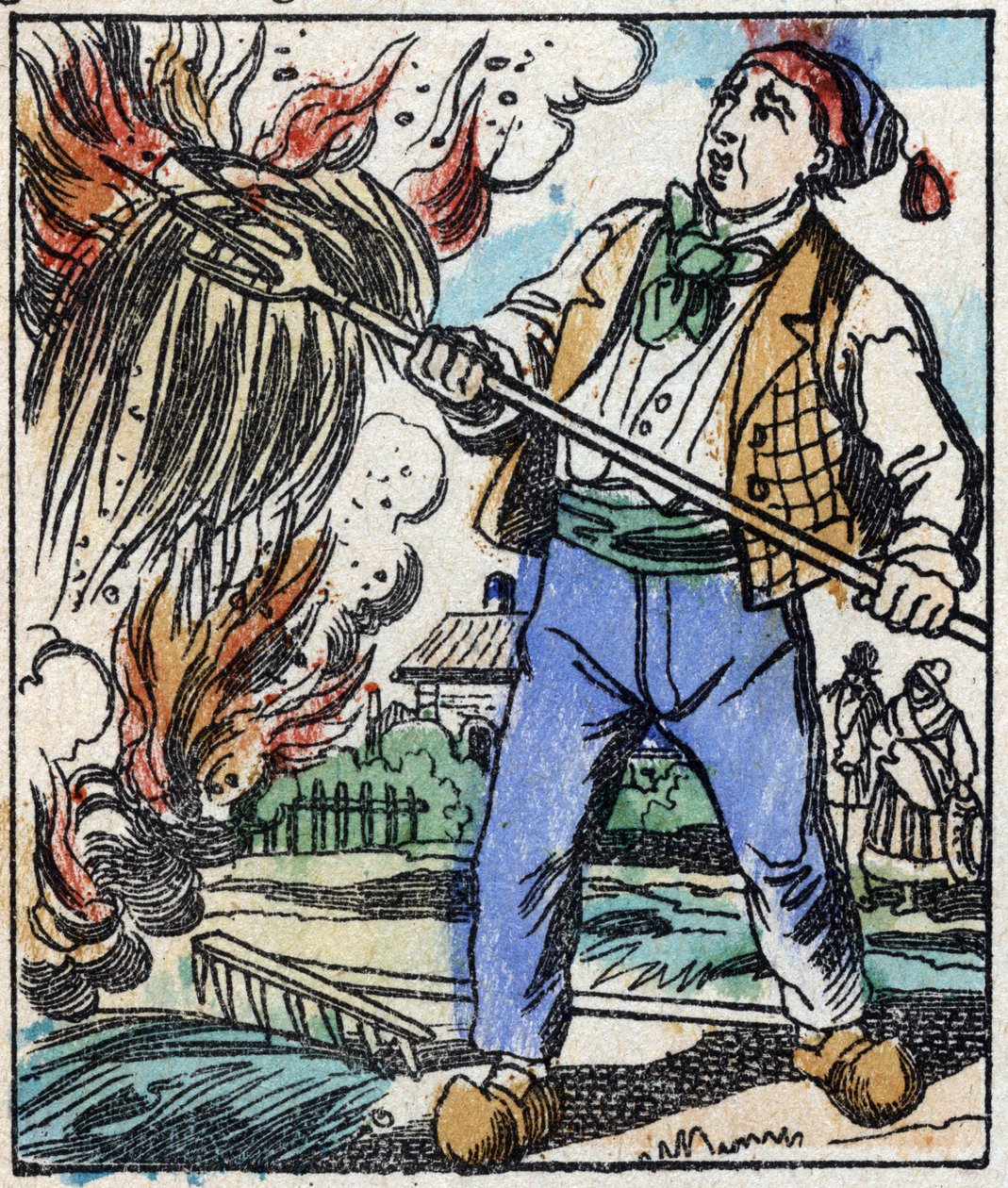 Illustration des Märchens „Die Gabel des Teufels“ Holzschnitt von Imagery Pellerin - Epinal, späte 19. Jahrhundert. von French School