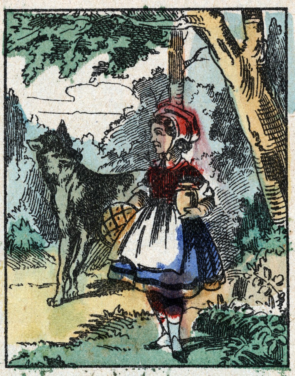 Illustration des Märchens „Rotkäppchen“ von Charles Perrault. Holzschnitt von Imaging Pellerin - Epinal, sp. Ende des 19. Jahrhunderts. von French School