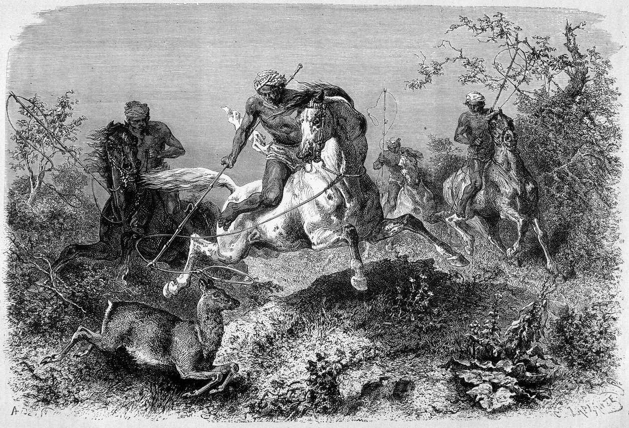 Illustration veröffentlicht in der Ausgabe von „Le Tour du monde“ von 1870 - 1871, die einen Dyak bei der Jagd auf der Insel Borneo zeigt. Gravur von French School
