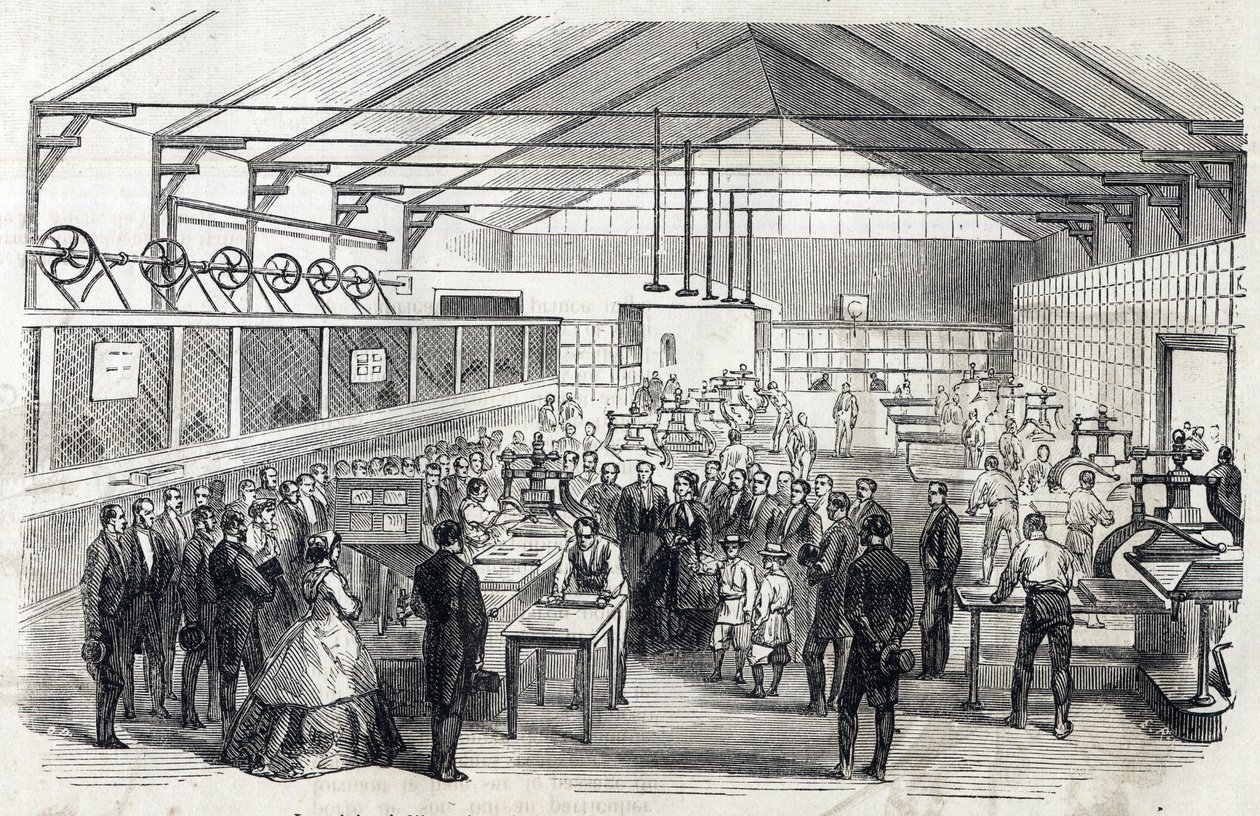 Kaiserin Eugénie und der kaiserliche Prinz besuchen die Banque de France, 23. Juni 1866 - Banknotendruck - Gravur in Le MONDE Illustré vom 07.07.1866 von French School