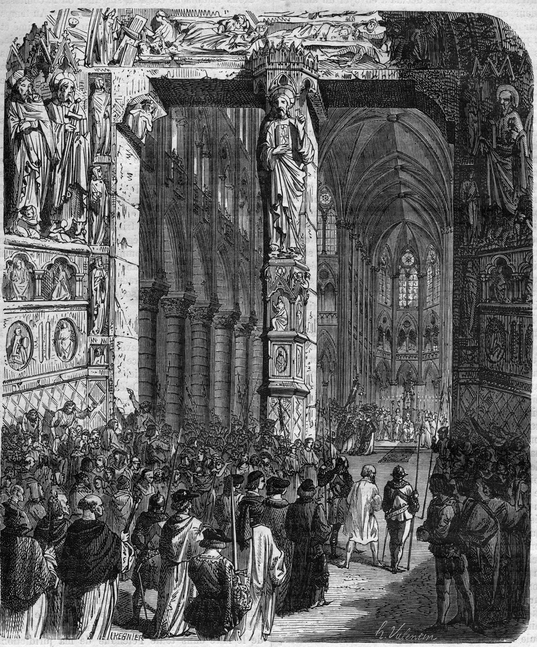 In Canossa, Kaiser Heinrich IV. des Heiligen Römischen Reiches (1050 - 1106) in Büßergewand bittet Papst Gregor VII. (Hildebrand: 1015/20 - 1085) um Vergebung. Aus „Crimes of the Queen King and Emperors through the centuries“ von Mauri von French School