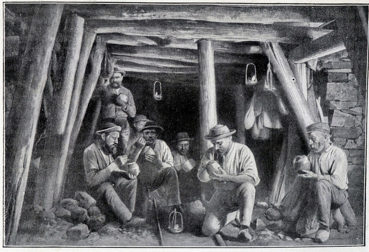 In der Mine: der „Leichter“, Mittagessen der Bergleute, Ende des 19. Jahrhunderts von French School