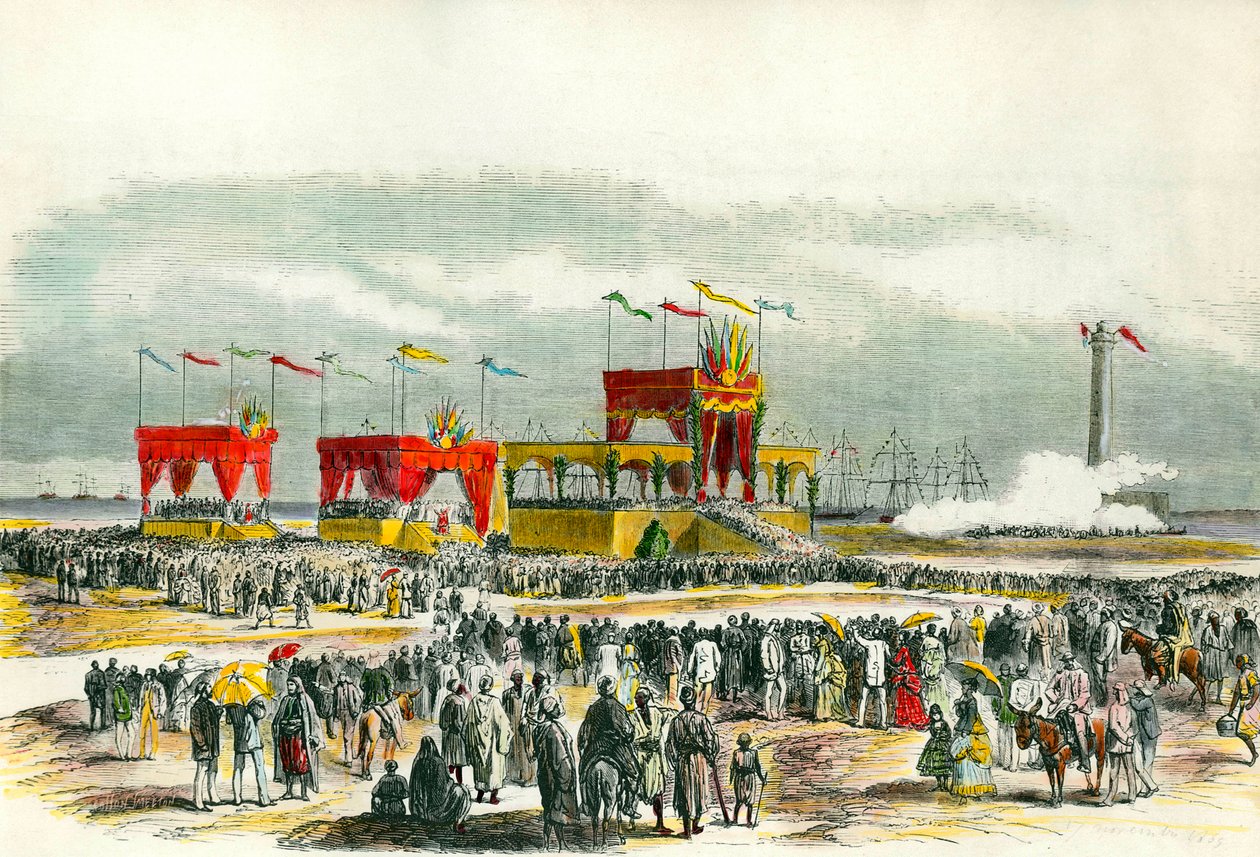 Einweihung des Suezkanals in Ägypten 1869: das „Te Deum“ wird in Port Said gesungen. Der Kanal wurde geschaffen, um das Rote Meer mit dem Mittelmeer zu verbinden. von French School