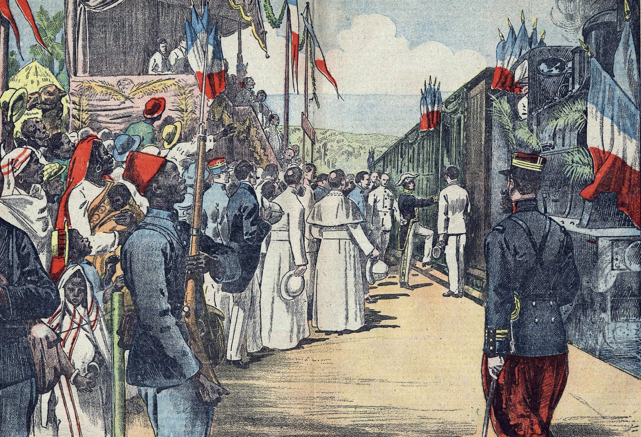Einweihung der Eisenbahnverbindung von Thies nach Kayes im Senegal, Anfang des 20. Jahrhunderts von French School