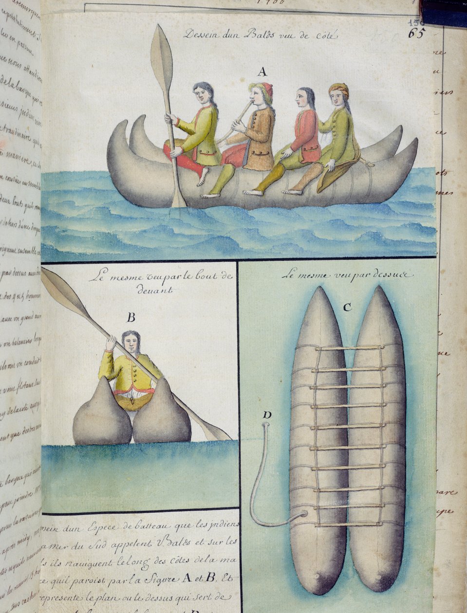 Indianer der Südsee, die Boote namens Balds benutzen von French School