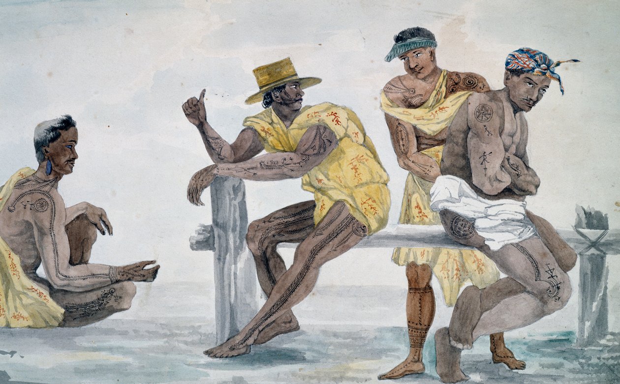 Einwohner von Tahiti, Gesellschaftsinseln, Aquarell von Jules-Louis Lejeune, basierend auf Voyage around world von French School