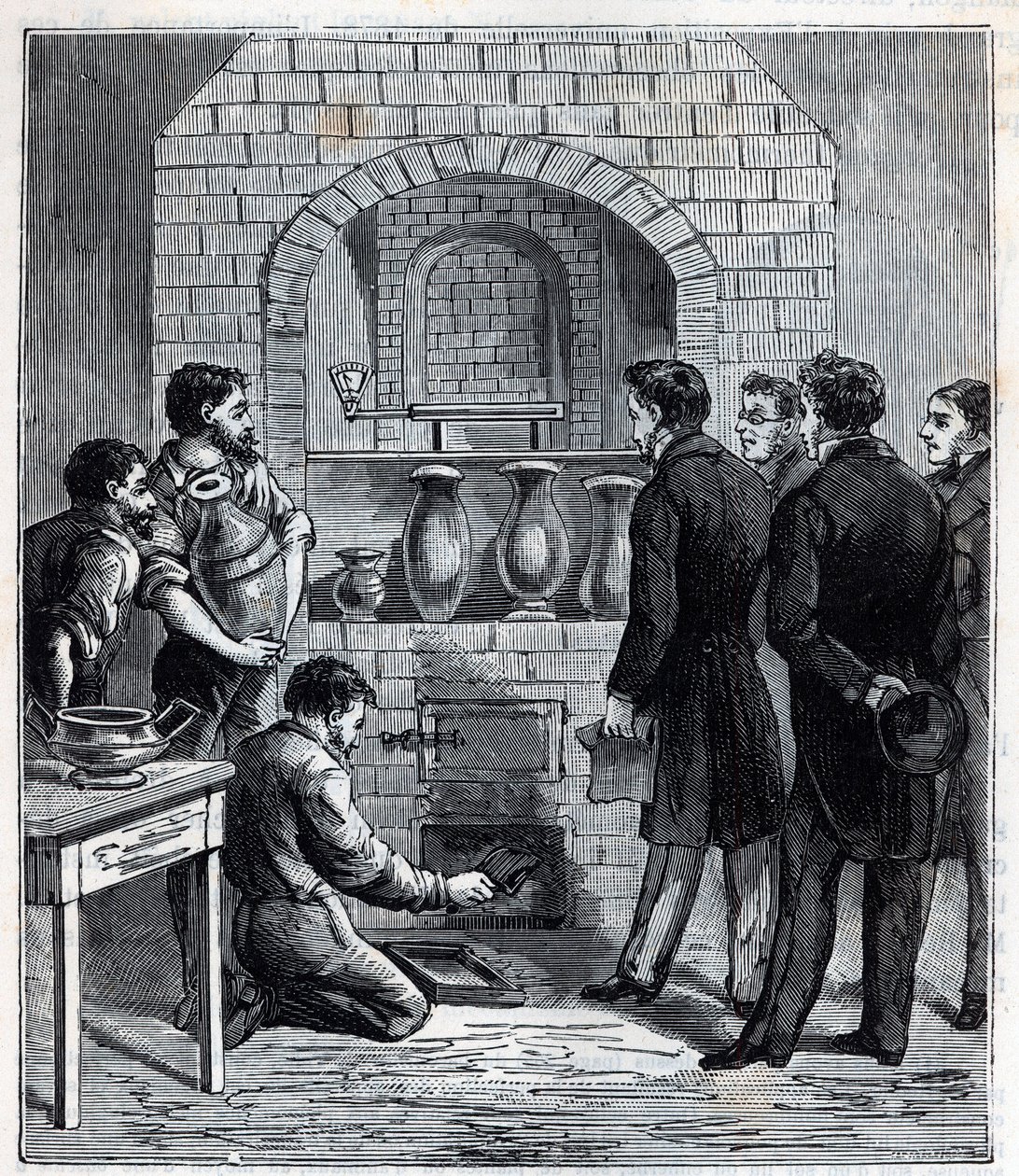 Installation des Pyrometers durch Alexandre Brongniart (1770-1847), französischer Wissenschaftler in der Manufaktur von Sèvres - Gravur in „Sciences mises à la portée de tous - Physik und Chemie“ von Alexis Clerc - Ende des 19. Jahrhunderts von French School