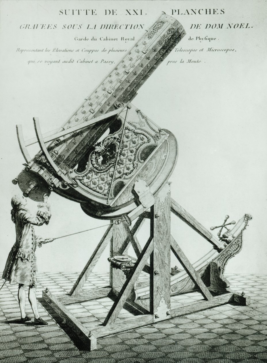 Instruments doptique von Dom Noel, die erste in einer Serie von 21 Platten, die Erhebungen und Querschnitte von Teleskopen und Mikroskopen illustrieren von French School