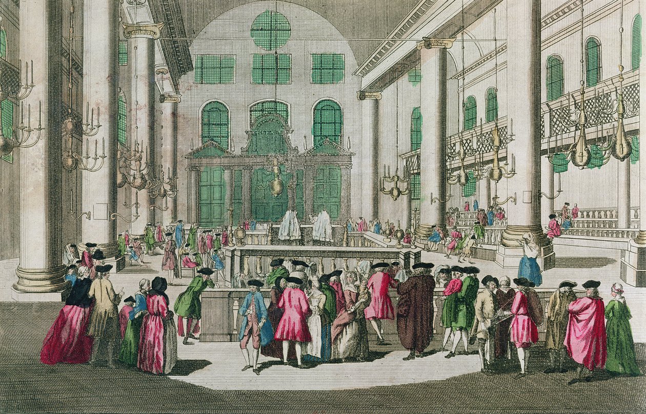 Innenansicht einer Synagoge während des Purim-Festes von French School