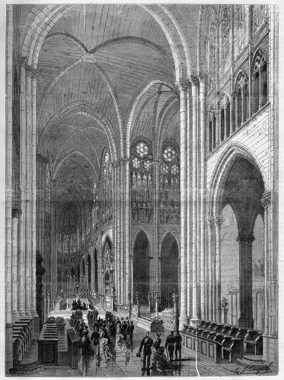 Innenraum der Basilika Saint Denis (Saint Denis) restauriert nach den Plänen von Eugene Viollet-le-Duc (Viollet le Duc) (1814-1879). Gravur in „Das Illustrierte Universum“ von French School