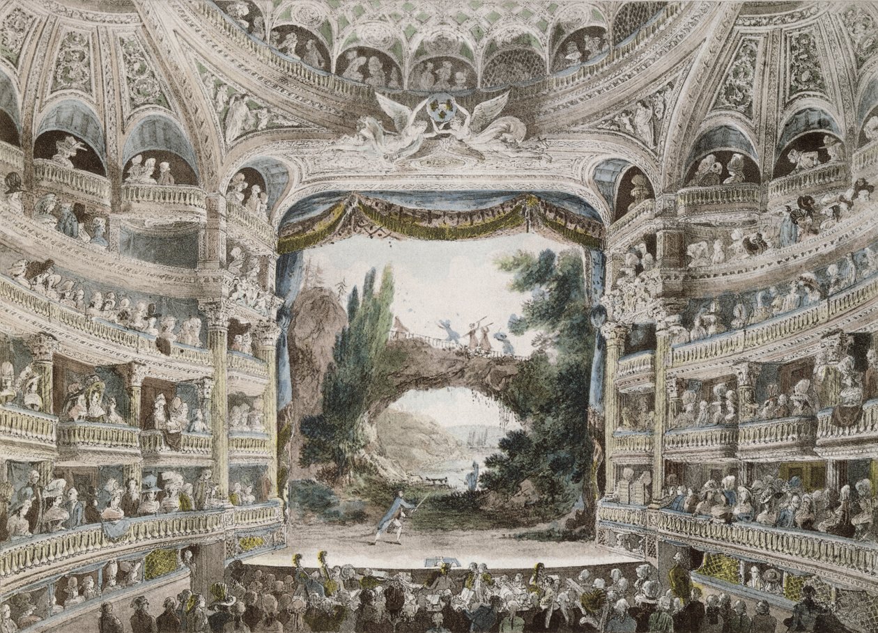 Innenansicht des Théâtre de la Comédie-Française im Jahr 1791, nach einem Original-Aquarell von French School
