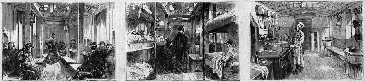 Innenansicht des Krankenwagenwagens und Küchenwagens eines medizinischen Zuges der französischen Hilfsgesellschaft für verwundete Soldaten. Gravur in „Le Monde Illustré“ Nr. 846 vom 28. Juni 1873. von French School