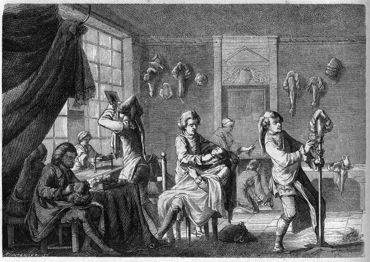 Innere Ansicht des Geschäfts eines französischen Perückenmachers unter Ludwig XV. (18. Jahrhundert). Gravur von Dargent von French School