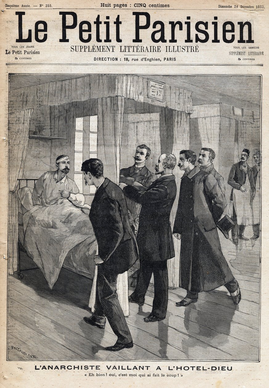 Verhör des Anarchisten Auguste Vaillant (1861-1894) im Hôtel-Dieu, der das Attentat gesteht, das er am 9. Dezember begangen hat von French School