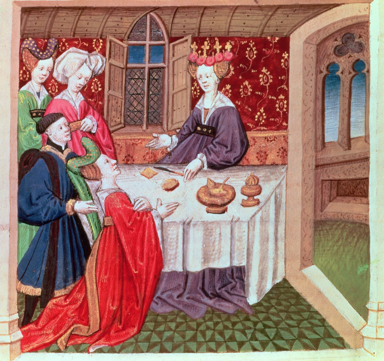 Isolde bittet Königin Guinevere um Schutz, Roman du Chevalier Tristan von French School
