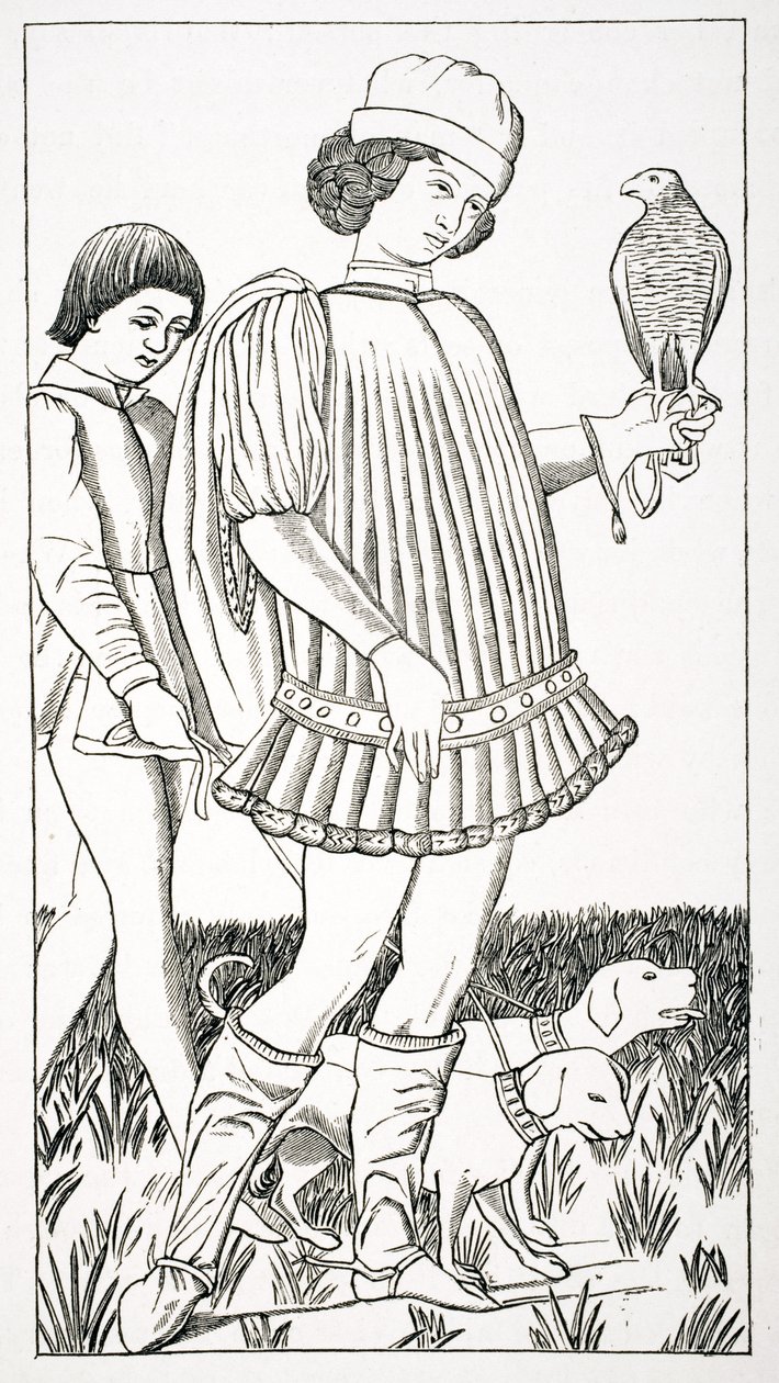 Italienischer Edelmann mit einem Falken, nach einer Spielkarte, auf Kupfer graviert, ca. 1460, aus 
