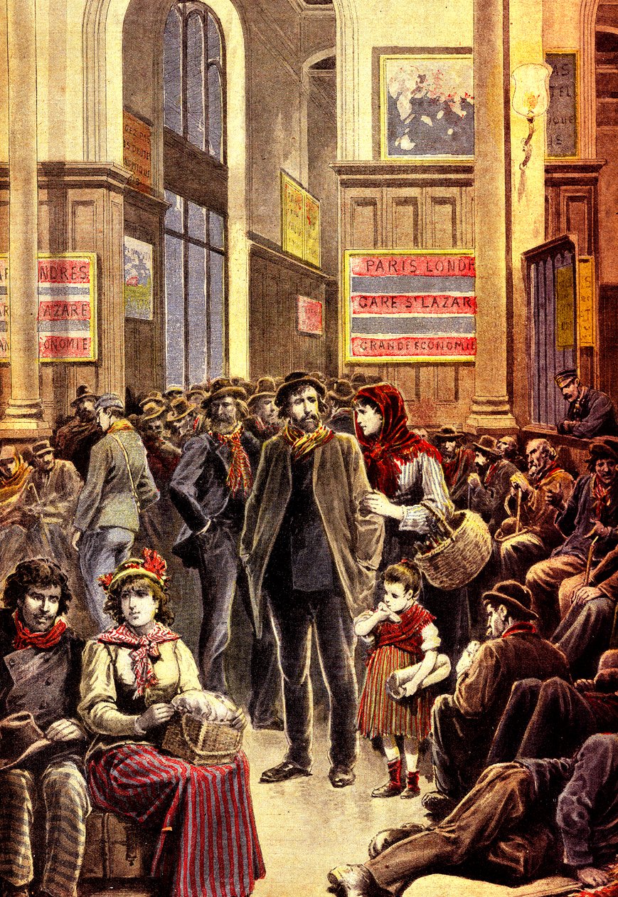 Italienische Auswanderer in Paris im Bahnhof Gare Saint Lazare im März 1896 (Gravur) von French School
