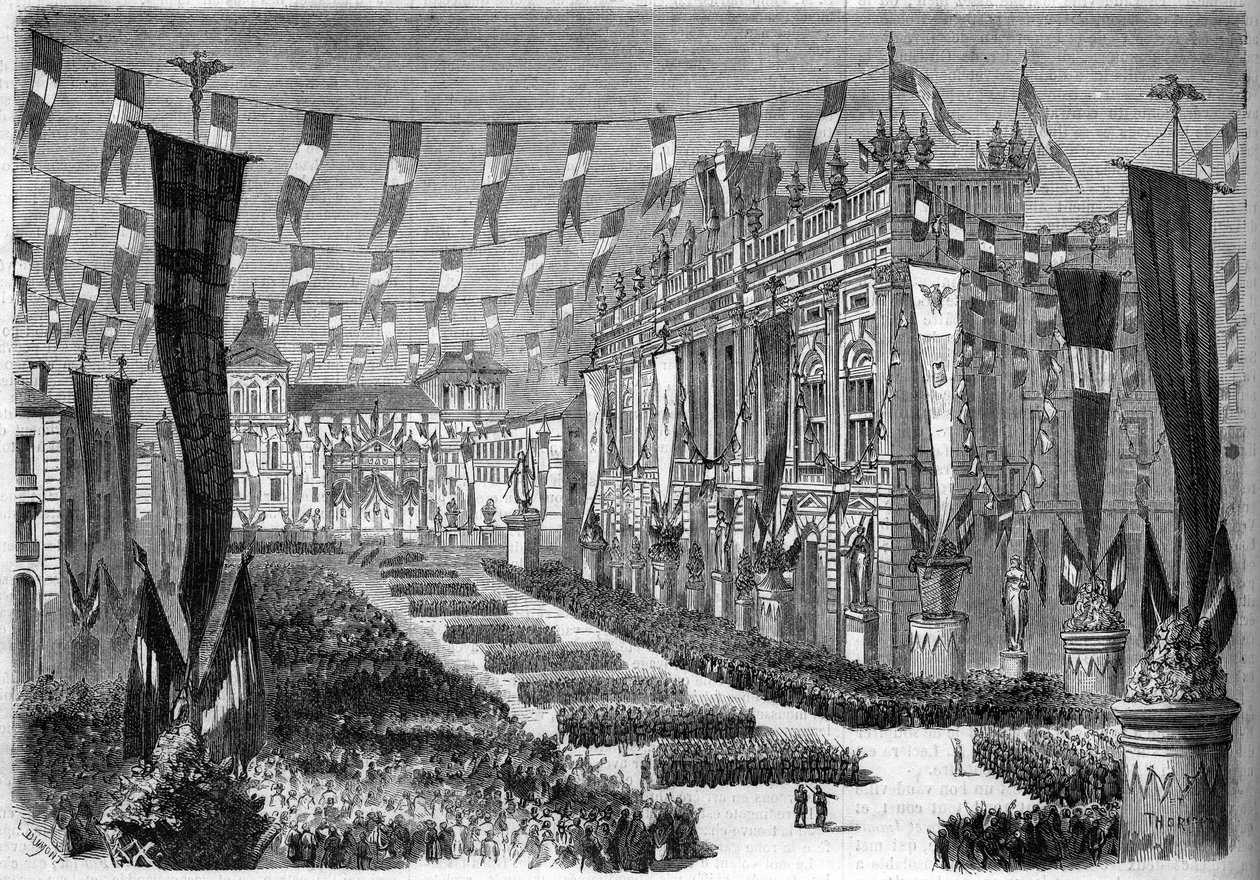 Italienische Einigung, Turin, 2. April 1860: Dekoration des Schlossplatzes (Piazza Castello) anlässlich der Eröffnung des italienischen Parlaments. Gravur in „Le Monde Illustré“ Nr. 157 vom 14. April 1860. von French School