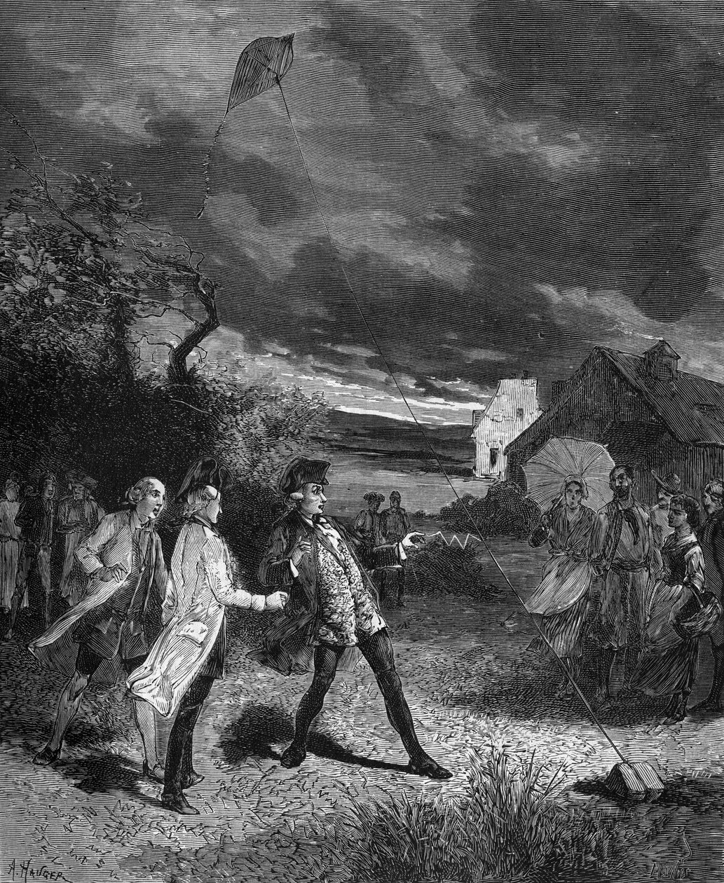 Jacques de Romas (1713-1776), französischer Physiker, experimentiert mit einem Drachen, um atmosphärische Elektrizität zu erfassen, 1752 von French School