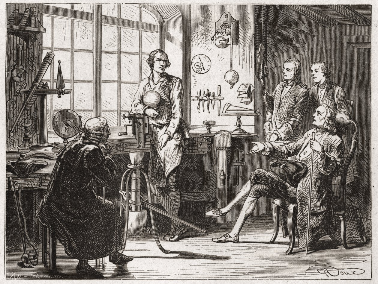 James Watt (Erfinder der Dampfmaschine im Jahr 1769) in seiner Werkstatt in Glasgow - im „Album der Wissenschaft; berühmte Wissenschaftler; Große Entdeckungen“ 1896 von French School